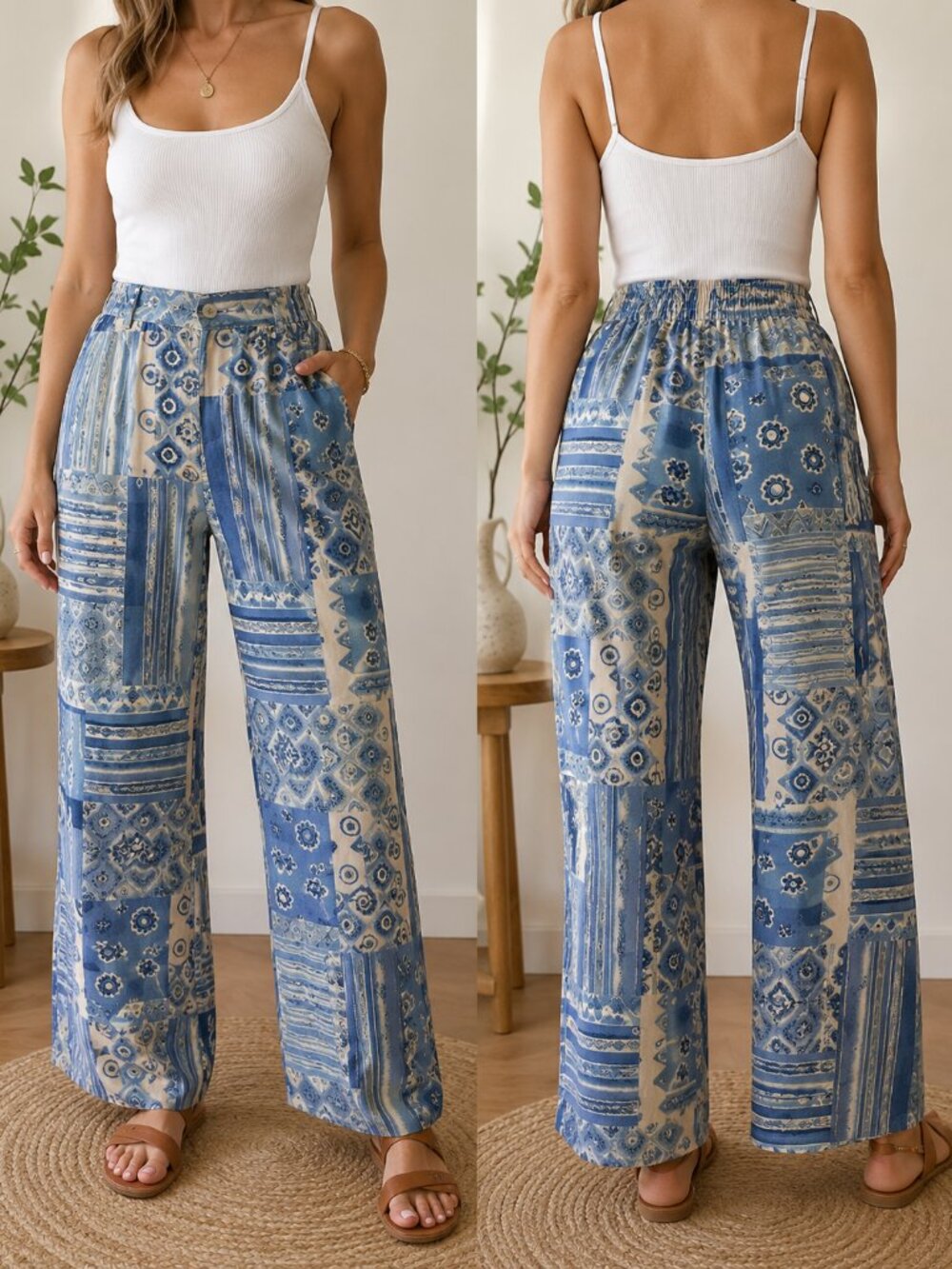 Wide Leg Patchwork Print Pants - Blue